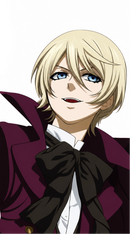 A blonde cosplay wig displayed on a white mannequin head, next to an anime character illustration with matching blonde hair and blue eyes.