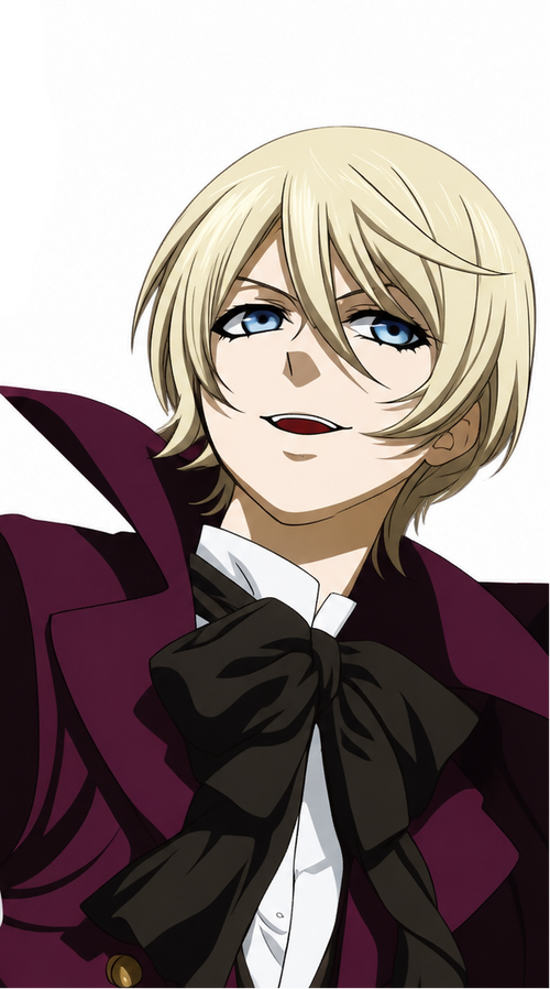 A blonde cosplay wig displayed on a white mannequin head, next to an anime character illustration with matching blonde hair and blue eyes.