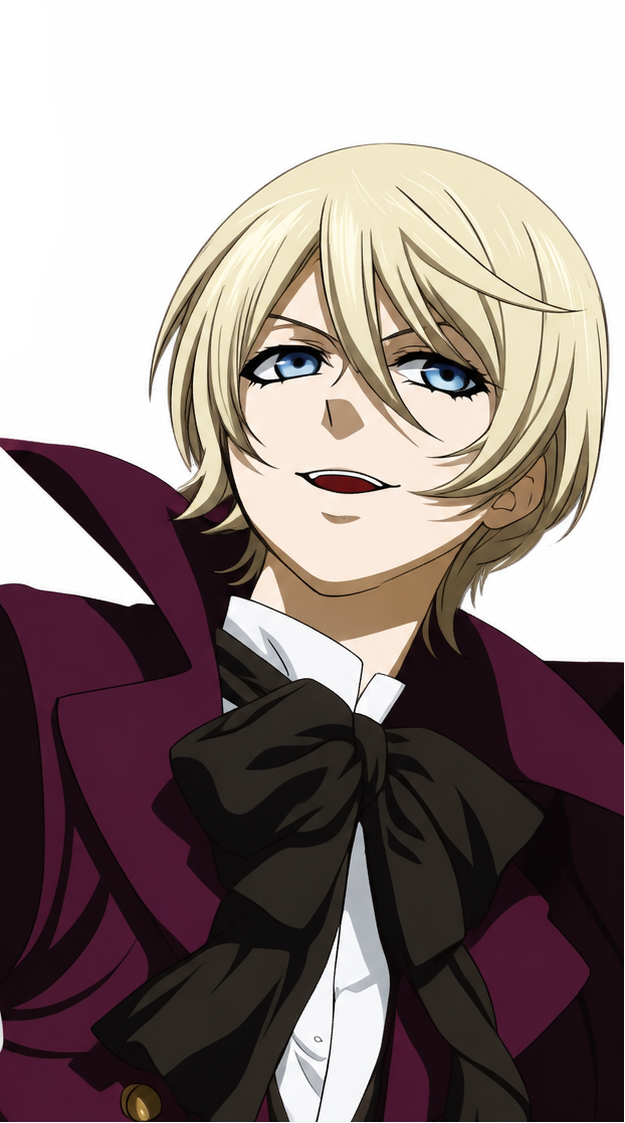 A blonde cosplay wig displayed on a white mannequin head, next to an anime character illustration with matching blonde hair and blue eyes.