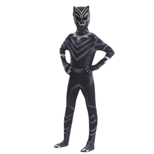 A child modeling a full-body Black Panther costume with a printed black and gray suit, matching mask, and printed claw details on the hands and feet, set against a plain white background.