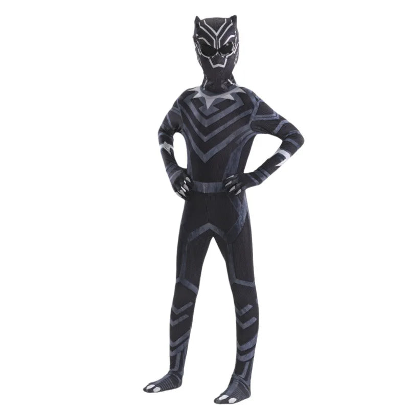 A child modeling a full-body Black Panther costume with a printed black and gray suit, matching mask, and printed claw details on the hands and feet, set against a plain white background.