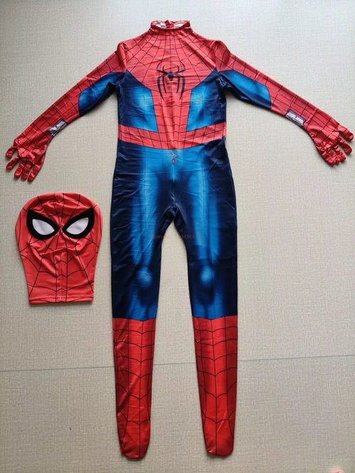 A children's Spider-Man full-body costume jumpsuit laid flat on a light beige textured surface, shown with a matching Spider-Man mask placed to the left. The costume features a red and blue spider-themed design with black web details and a spider emblem on the chest.