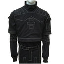 A black costume jacket with white contrast stitching, displayed on a mannequin torso against a white background.