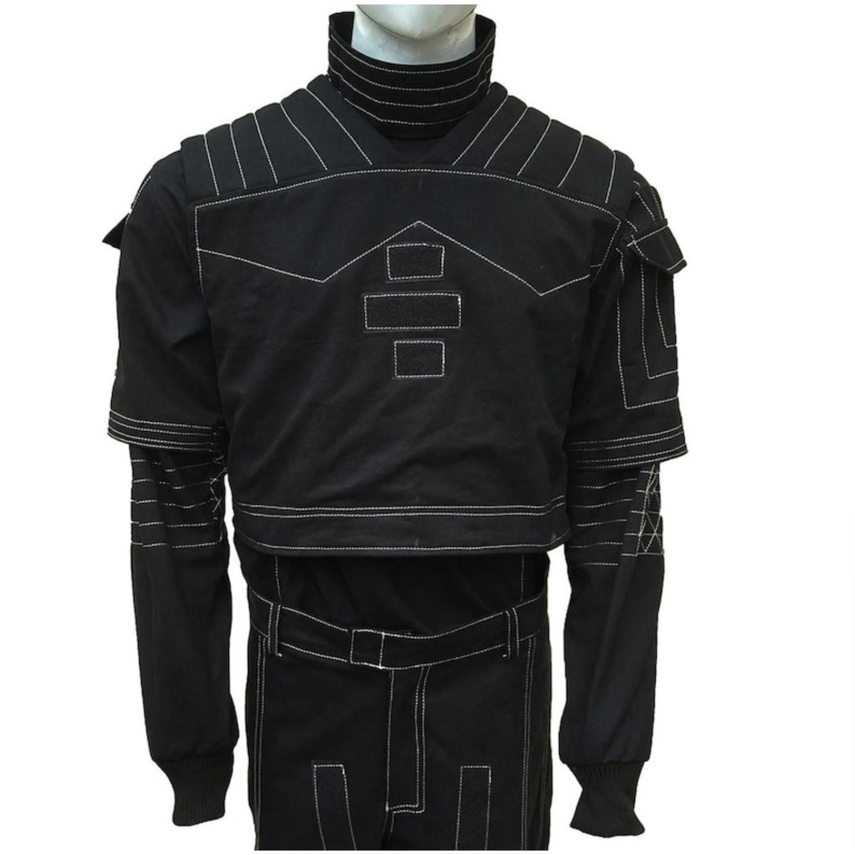 A black costume jacket with white contrast stitching, displayed on a mannequin torso against a white background.