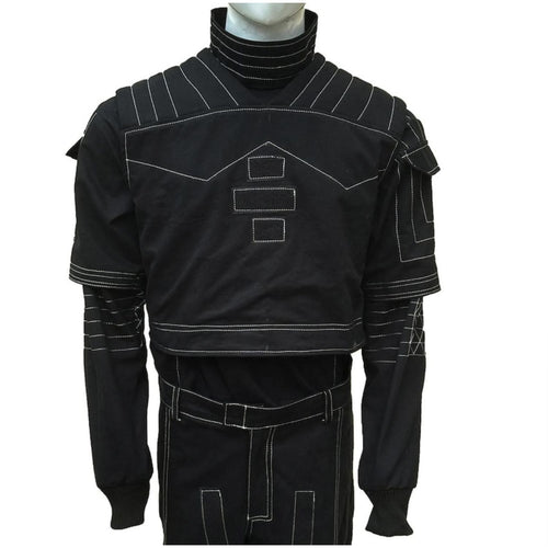 A black costume jacket with white contrast stitching, displayed on a mannequin torso against a white background.