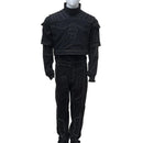 A black futuristic sci-fi costume set displayed on a mannequin against a plain white background. The set includes a cropped long-sleeve top with shoulder armor details and a matching pair of pants with integrated paneling.