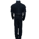 A black tactical-style jumpsuit or costume shown from the back on a mannequin, featuring white contrast stitching, quilted sleeve details, and a high collar, against a plain white background.