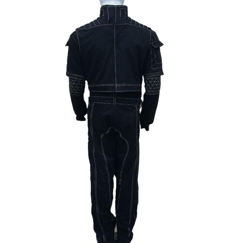 A black tactical-style jumpsuit or costume shown from the back on a mannequin, featuring white contrast stitching, quilted sleeve details, and a high collar, against a plain white background.