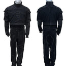 A black futuristic costume displayed on a mannequin from the front and back, featuring high collar, structured shoulders, and high-waisted pants with white contrast stitching.
