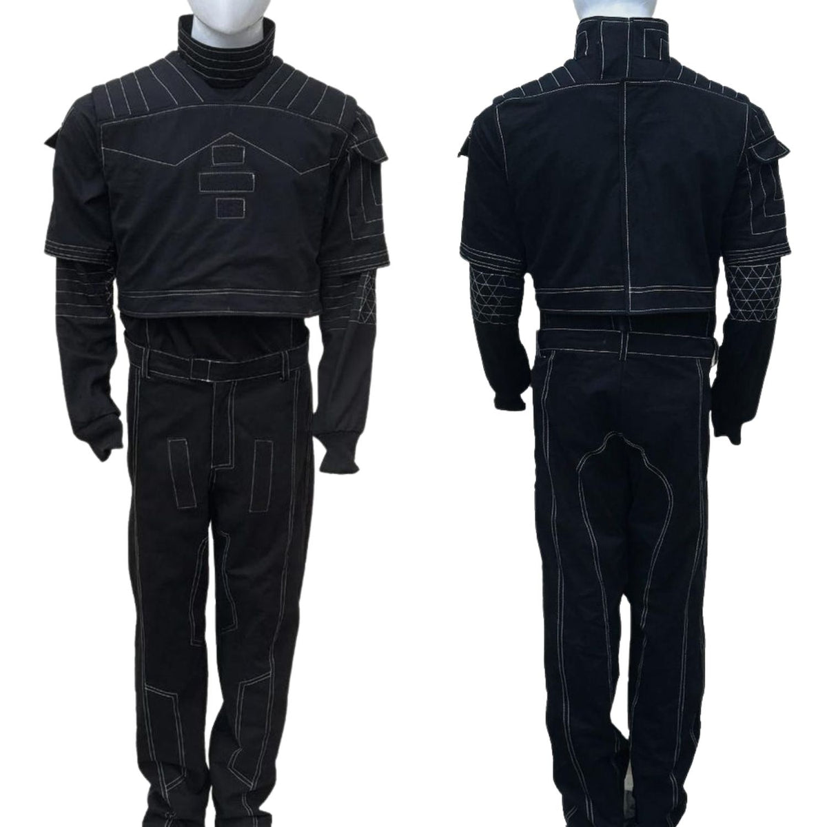 A black futuristic costume displayed on a mannequin from the front and back, featuring high collar, structured shoulders, and high-waisted pants with white contrast stitching.