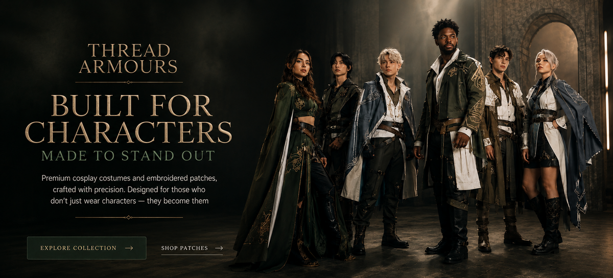 Promotional banner for Thread Armour's 'Built for Characters' premium cosplay costumes and patches, featuring six characters in detailed fantasy costumes against a dark, atmospheric background with gold text on the left.